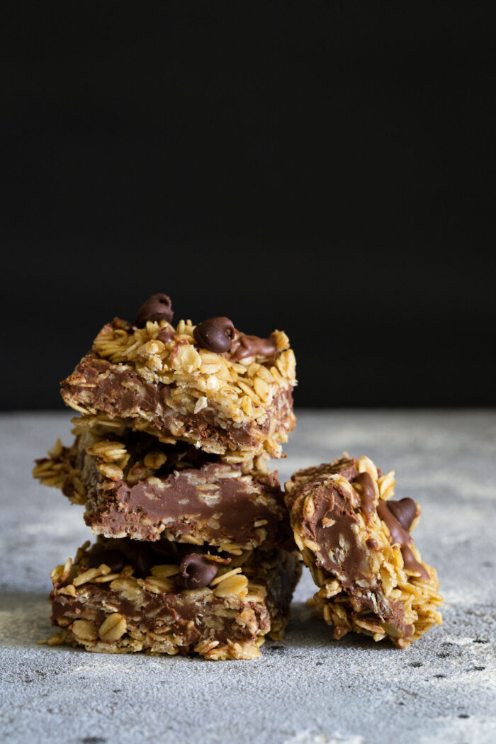 stack of chocolate oatmeal peanut butter bars