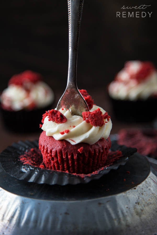 Red Velvet Cupcakes with Cream Cheese Frosting | Sweet-Remedy.com #valentinesday #recipe #cupcake #dessert #vday 