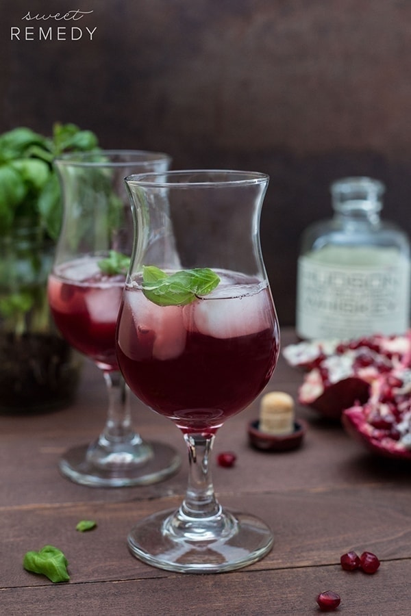 Pomegranate Basil + Bourbon Cocktail | Sweet-Remedy.com