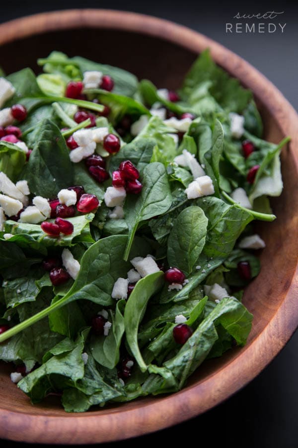 Spinach Pomegranate and Feta Salad with Pomegranate Balsamic Dressing | Sweet-Remedy.com