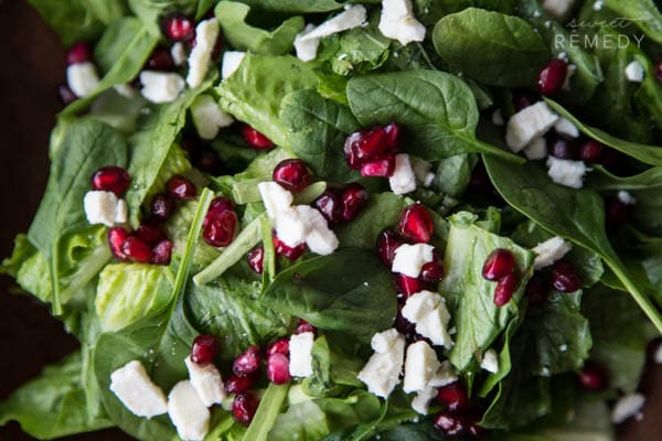 Spinach Pomegranate and Feta Salad with Pomegranate Balsamic Dressing | Sweet-Remedy.com