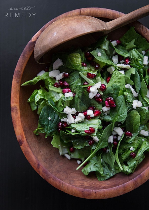Spinach Pomegranate and Feta Salad with Pomegranate Balsamic Dressing | Sweet-Remedy.com