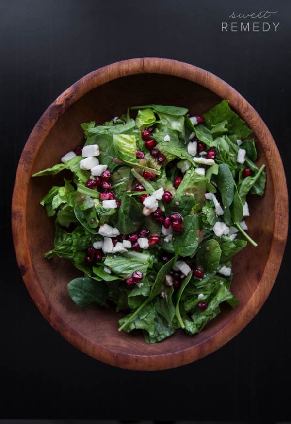 Spinach Pomegranate and Feta Salad with Pomegranate Balsamic Dressing | Sweet-Remedy.com