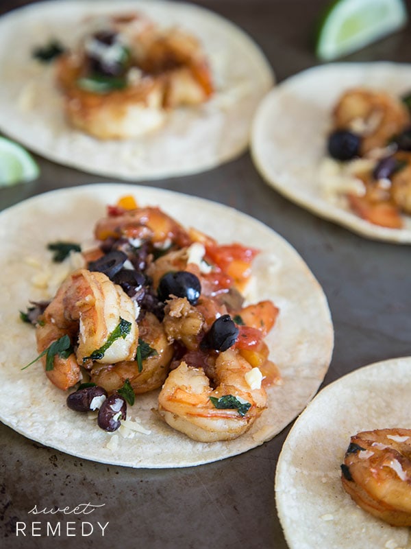 Shrimp Tacos with Mango Peach Salsa | Recipe on Sweet-Remedy.com