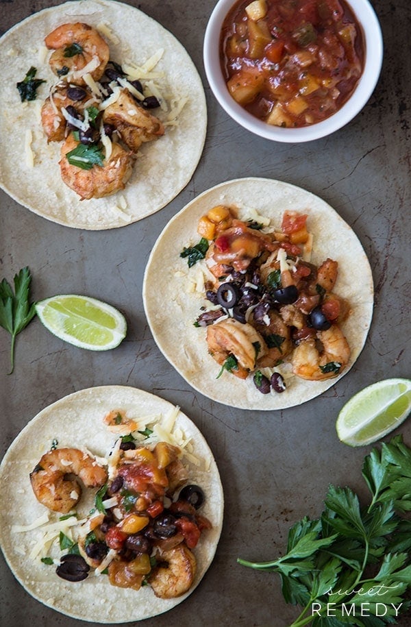 Shrimp Tacos with Mango Peach Salsa | Recipe on Sweet-Remedy.com