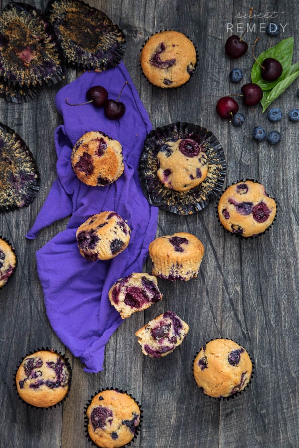 Blueberry Cherry Muffins are the perfect healthy summer muffin! They are made with whole grains instead of white flour so they are a tad bit healthier. Also summer fruits galore! 