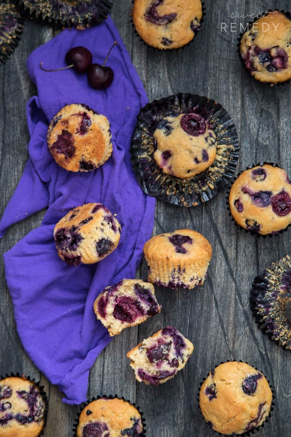 Blueberry Cherry Muffins are the perfect healthy summer muffin! They are made with whole grains instead of white flour so they are a tad bit healthier. Also summer fruits galore! 