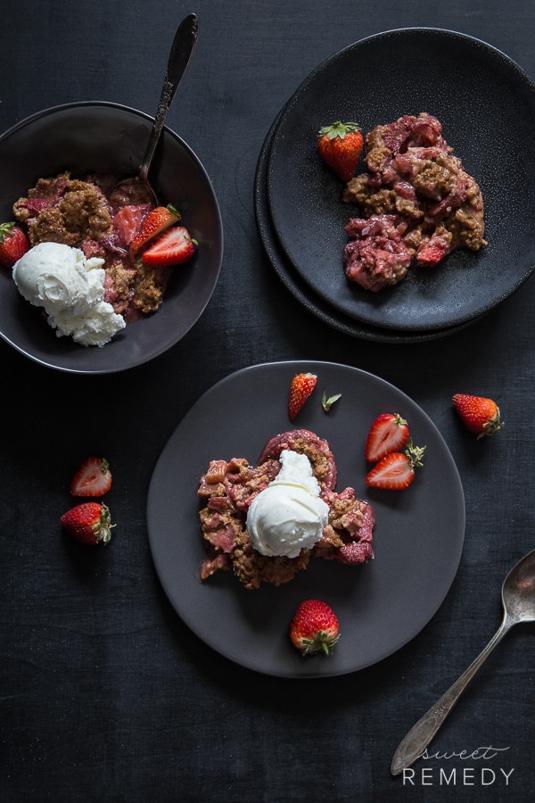 Strawberry Rhubarb Cobbler made with whole wheat and can be made dairy-free easily! It’s strawberry time! This recipe makes a really great tasting summer dessert in no time at all. It’s pretty prefect to bring along to a BBQ! 