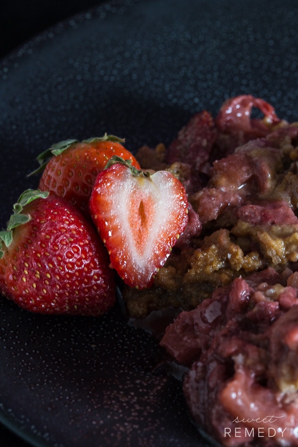 Strawberry Rhubarb Cobbler made with whole wheat and can be made dairy-free easily! It’s strawberry time! This recipe makes a really great tasting summer dessert in no time at all. It’s pretty prefect to bring along to a BBQ! 