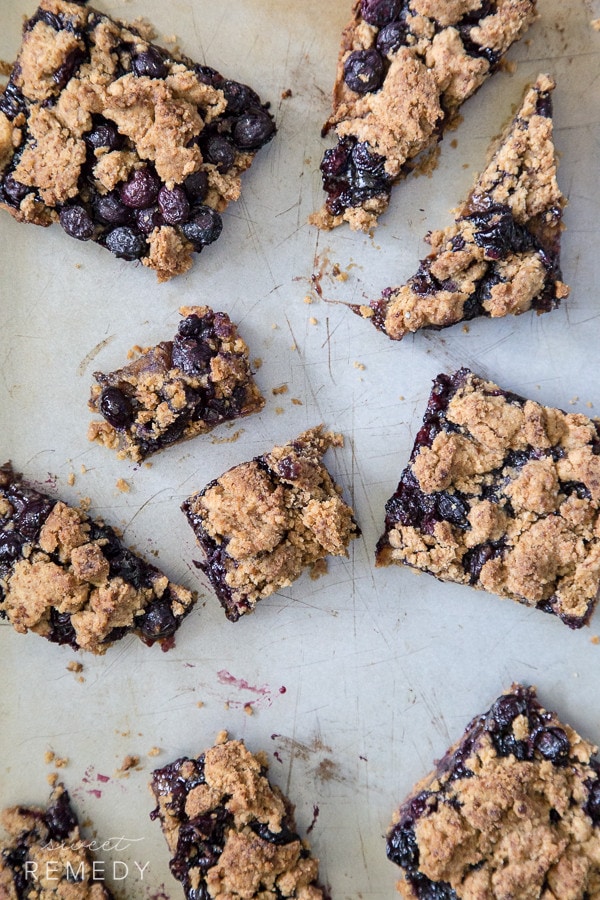 Blueberry Crumb Bars on a baking sheet.