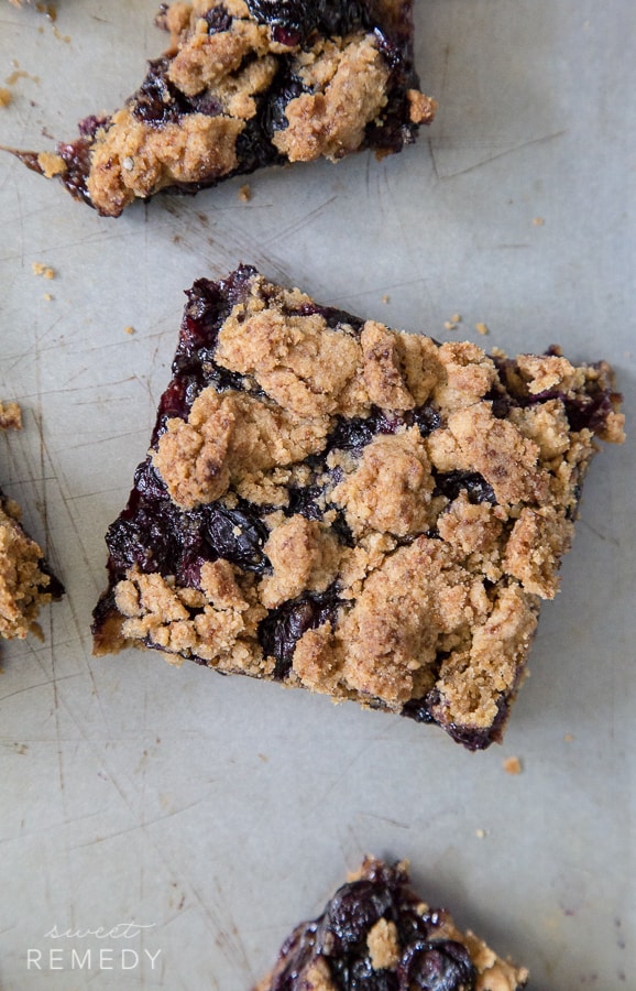 Blueberry Crumb Bars on a baking sheet