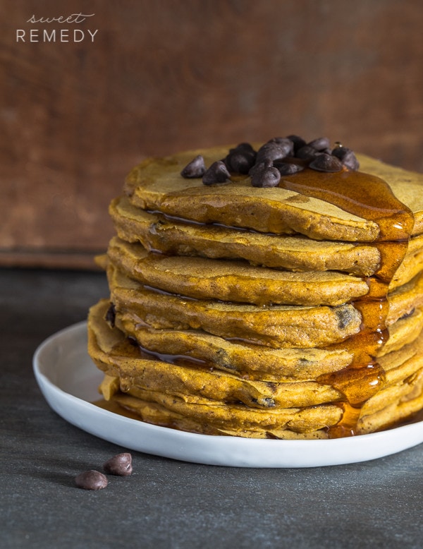 Pumpkin Chocolate Chip Pancakes made with whole grains and dairy-free chocolate chips. These pancakes are also vegan and dairy-free! 