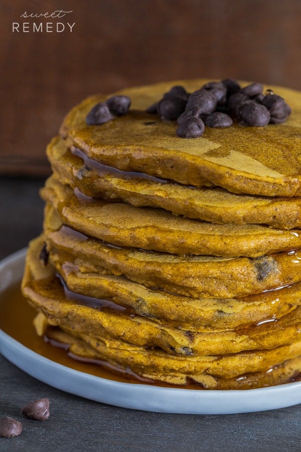 Pumpkin Chocolate Chip Pancakes made with whole grains and dairy-free chocolate chips. These pancakes are also vegan and dairy-free! 