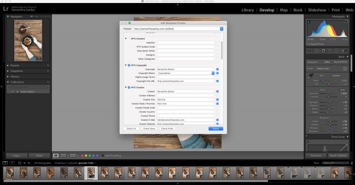 Lightroom dialogue box showing a user editing metadata presets