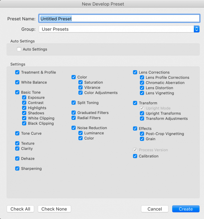 New develop preset in lightroom with all settings selected (basic tone, treatment & profile, white balance).