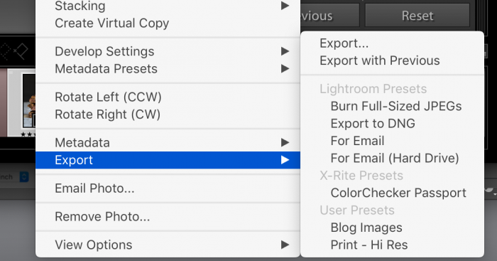 Lightroom menu path showing how to export and view user presets.
