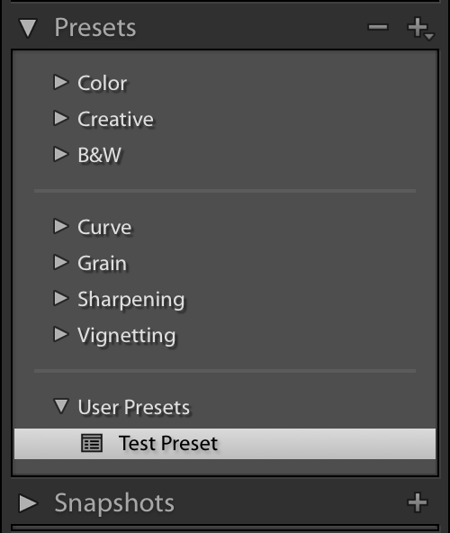 Lightroom preset options expanded to include user presets.