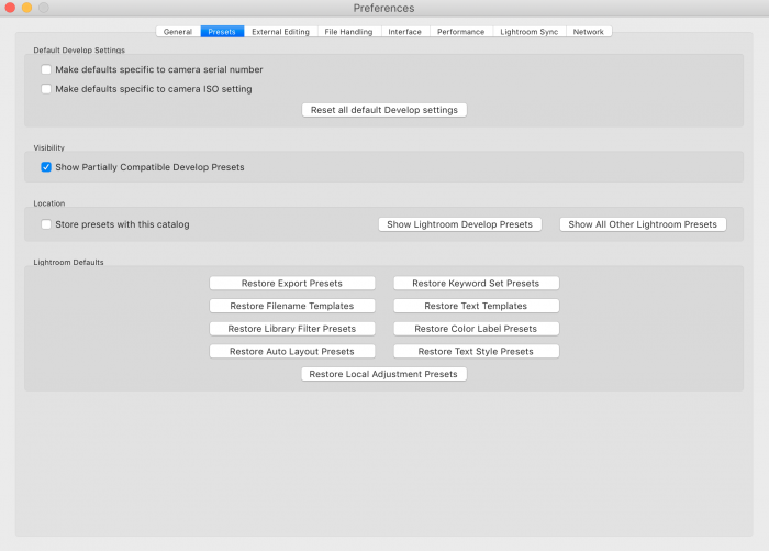 Preferences for lightroom presets within lightroom classic cc.