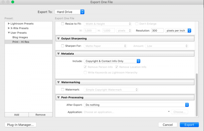 Export menu in Lightroom with user presets expanded.