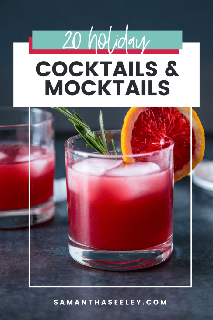 virtual holiday party cocktails and mocktails. pink cocktail with blood orange and rosemary as garnish